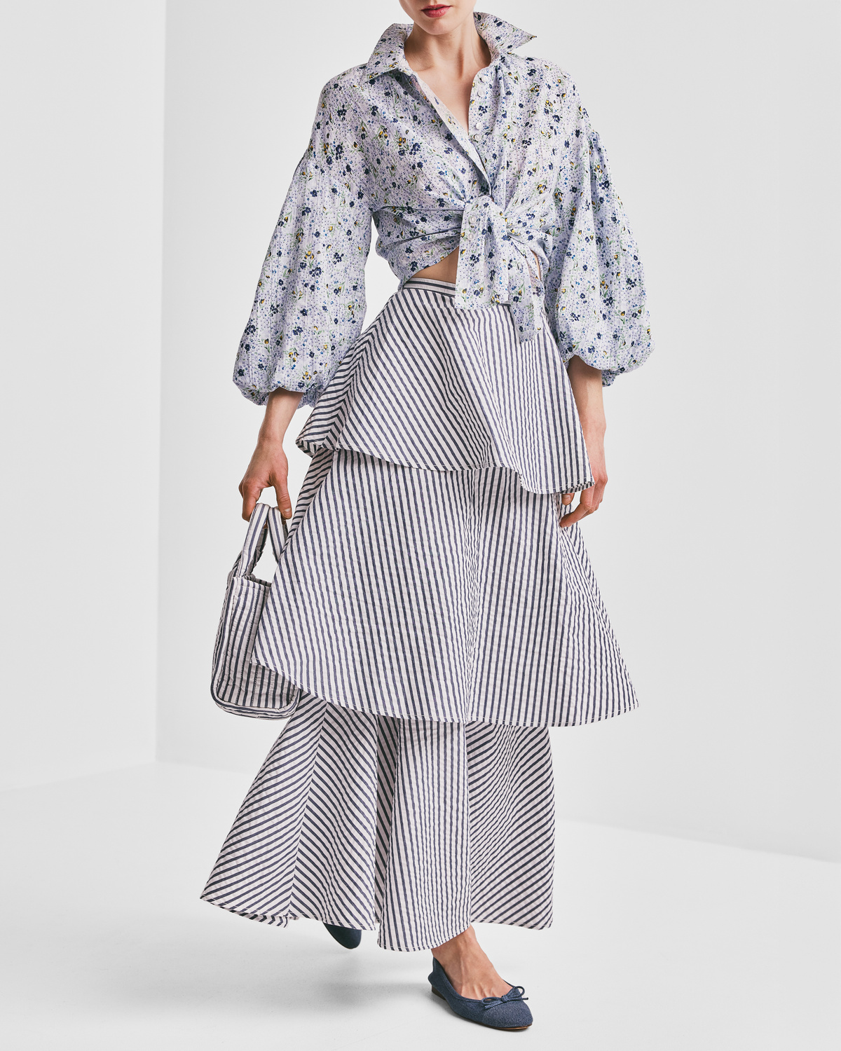 【INCHANT ME】Seersucker Long Banding Skirt Sylvia Cotton Seersucker Maxi Skirt - Black